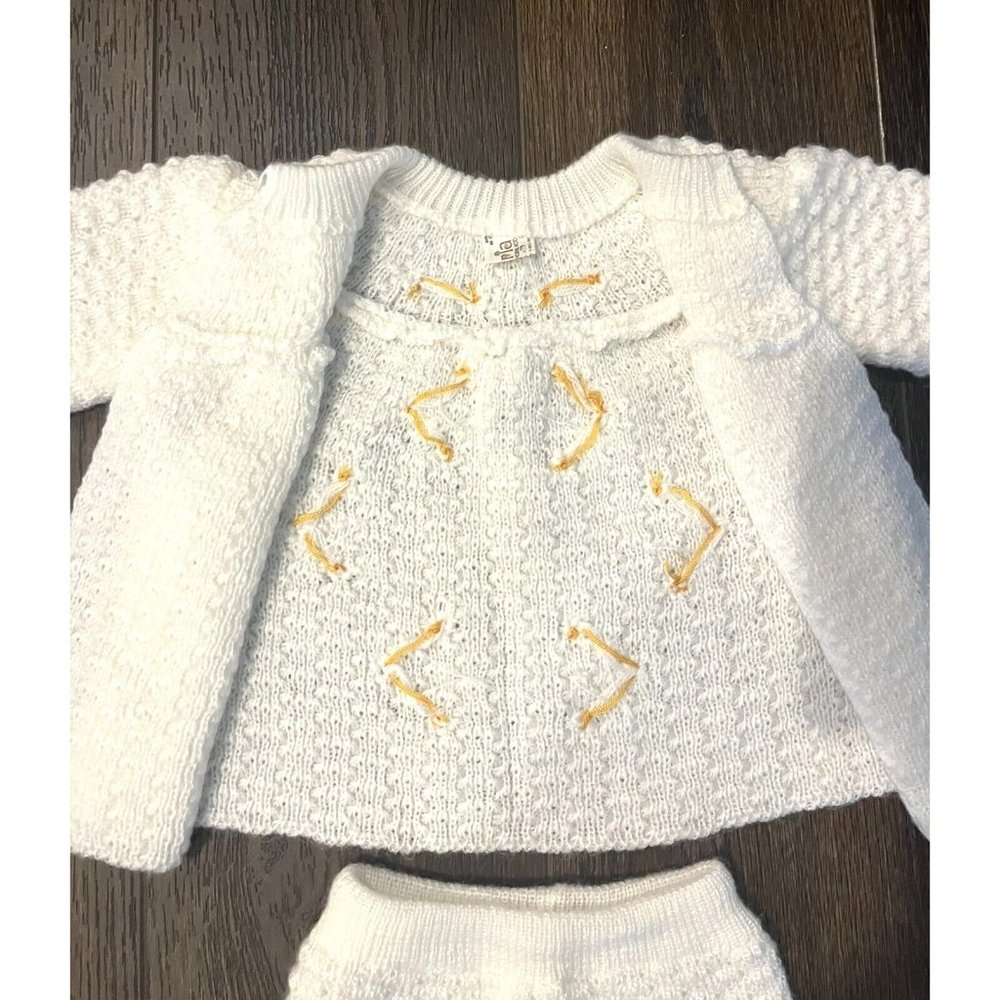 Vtg Italy Knit New Born Baby Layette Ribbon Sweater Pants White Wedding Baptism - Picture 7 of 15